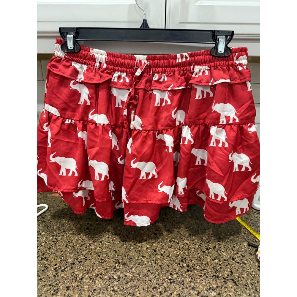 Stewart Simmons Red White Elephant Print Ruffle Skort XL Mini Skirt Shorts